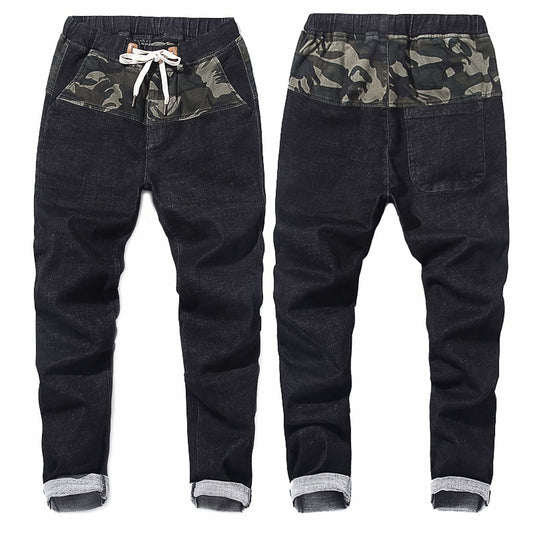 Color: Black, Size: 6XL - Men's Denim Trousers Camouflage Elastic Waist Harem Pants