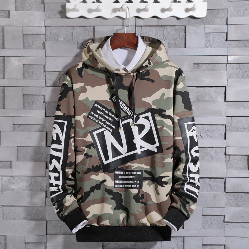 Color: Khaki, size: 3XL - Camouflage long-sleeved sweater personality loose hooded sweater