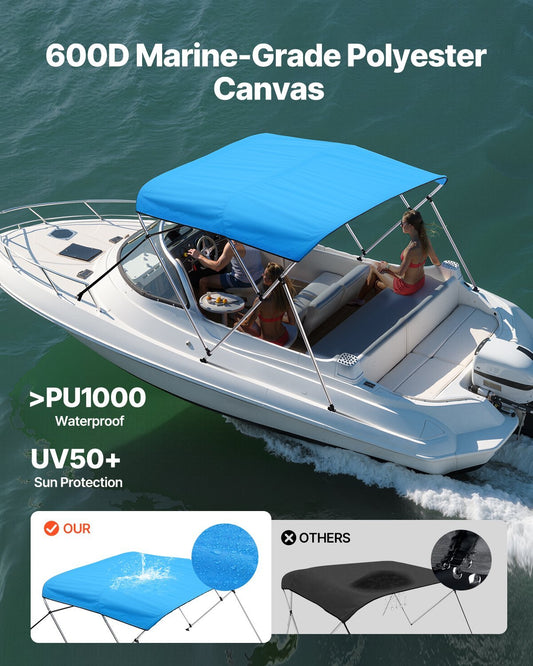 VEVOR 3 Bow Boat Bimini Tops, 600D Polyester Canopy with Aluminum Alloy Frame, Waterproof & Sun Shade Boat Awning Canopy with Storage Bag, 2 Support Poles, 4 Straps, 6'Lx(61"-66")W x46"H, Pacific Blue