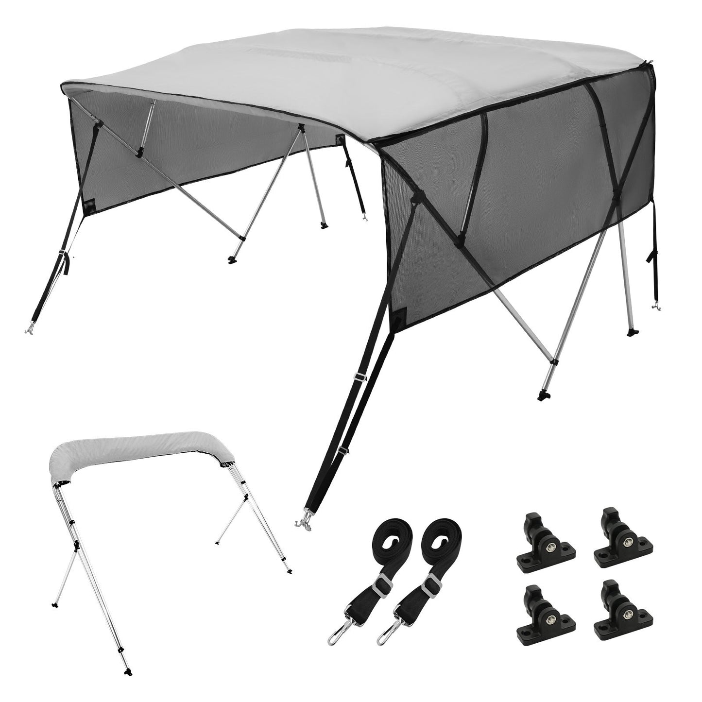 VEVOR 4 Bow Bimini Top Boat Cover, Detachable Mesh Sidewalls, 600D Polyester Canopy with 1" Aluminum Alloy Frame, Includes Storage Boot, 2 Straps, 2 Support Poles, 8'L x 54"H x 79"-84"W, Light Grey