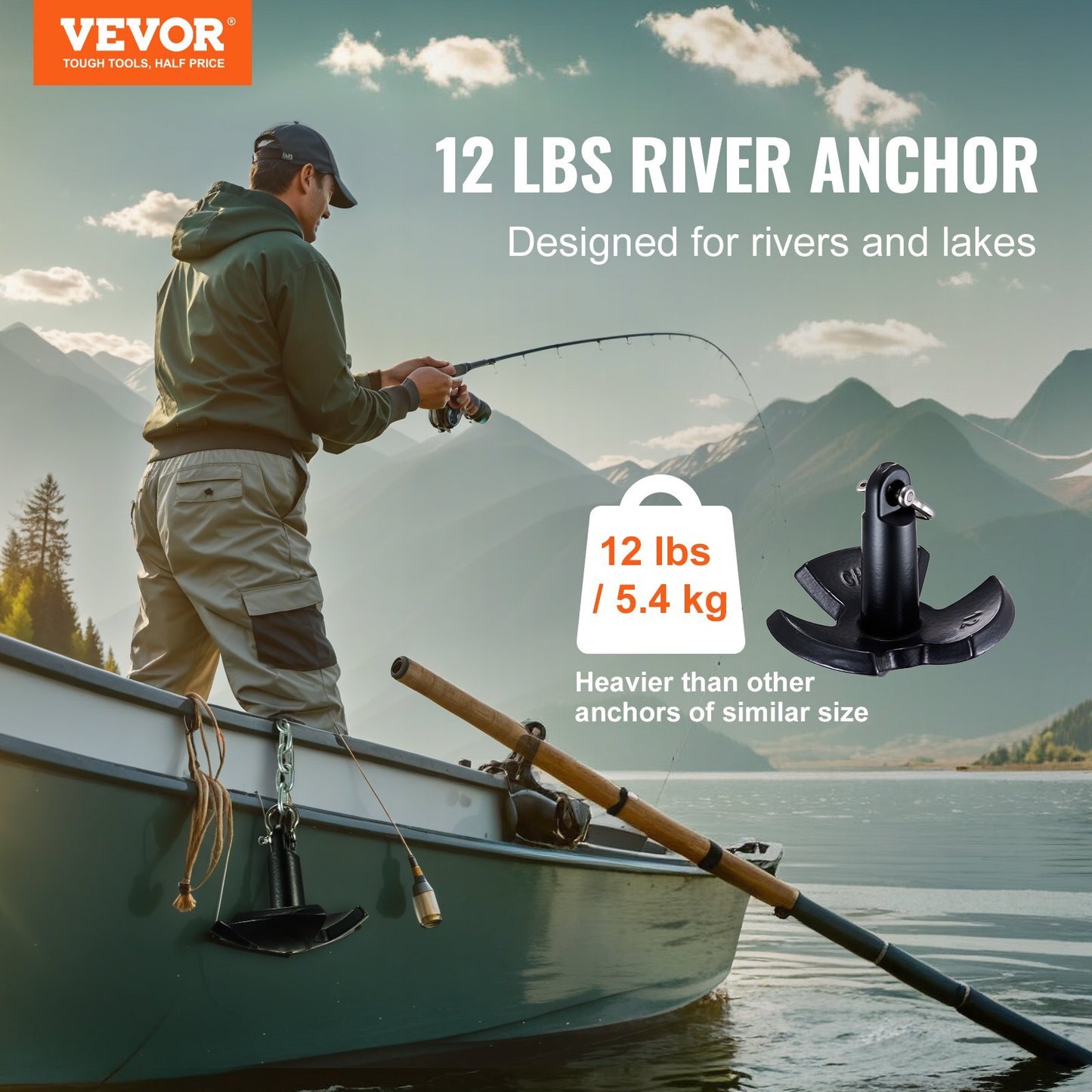 VEVOR River Anchor, 12 LBS Boat Anchor Cast Iron Black Vinyl-Coated with Shackle, Marine Grade Mushroom Anchor for Boats Up To 10 ft, Impressive Holding Power in River and Mud Bottom Lakes