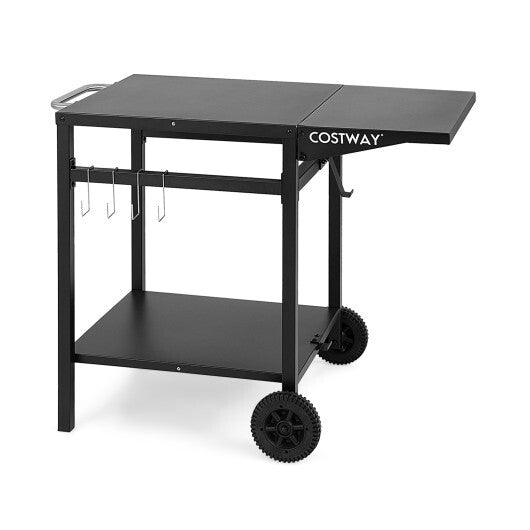 Movable Outdoor Grill Cart with Folding Tabletop and Hooks-Black - Color: Black