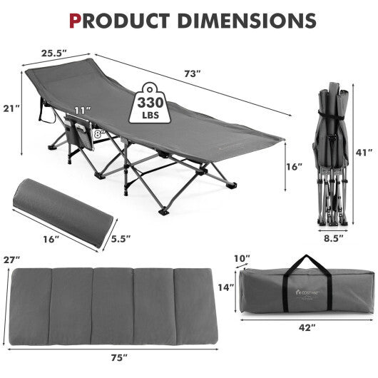 Folding Retractable Travel Camping Cot with Mattress and Carry Bag-Gray - Color: Gray