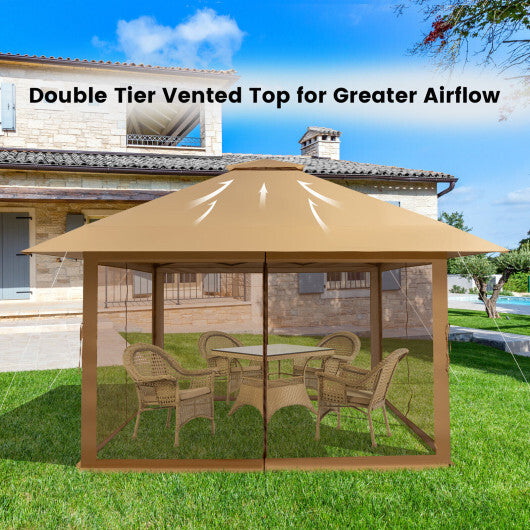 13 x 13 Feet Pop-up Instant Canopy Tent with Mesh Sidewall-Coffee - Color: Coffee