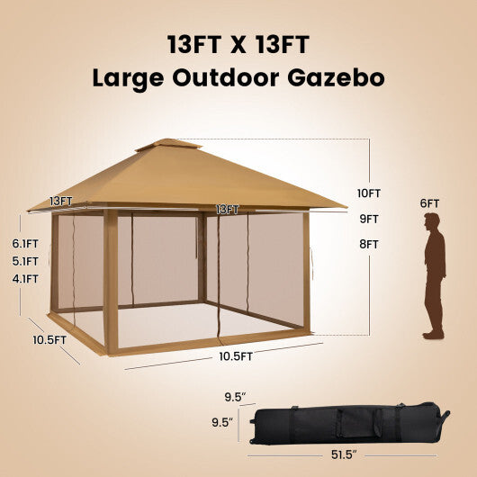 13 x 13 Feet Pop-up Instant Canopy Tent with Mesh Sidewall-Coffee - Color: Coffee