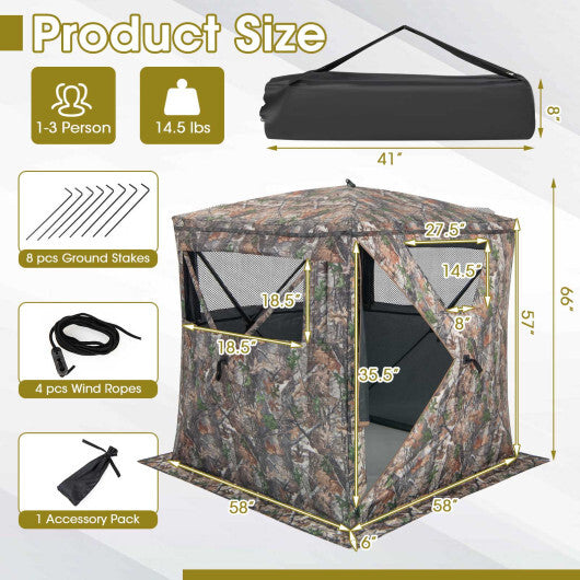 2-3 Person Hunting Blind Portable Pop Up Ground Tent with Carry Bag and Storage Pocket