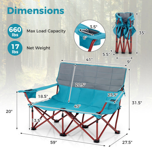 Oversized Camping Chair Folding Loveseat Camping Couch with Cup Holders & Thick Padding-Blue - Color: Blue