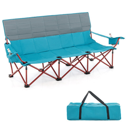 3 Person Folding Camping Chair with 2 Cup Holders Cotton Padding & Storage Bag-Blue - Color: Blue