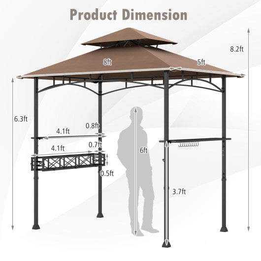 8 x 5 Feet Outdoor Grill Gazebo with 2 Side Shelves and 10 Hooks-Brown - Color: Brown