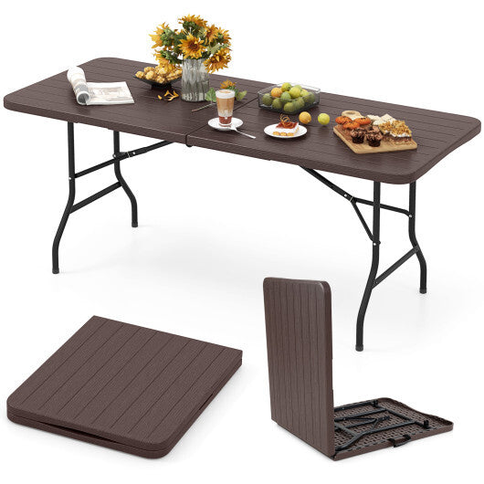 6 Feet Folding Table with Wood Grain HDPE Tabletop and Safe Lock Mechanism-Brown - Color: Brown - Size: 6 ft