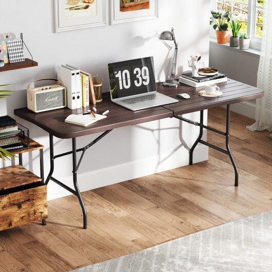 6 Feet Folding Table with Wood Grain HDPE Tabletop and Safe Lock Mechanism-Brown - Color: Brown - Size: 6 ft