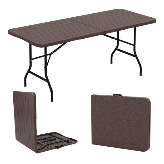6 Feet Folding Table with Wood Grain HDPE Tabletop and Safe Lock Mechanism-Brown - Color: Brown - Size: 6 ft