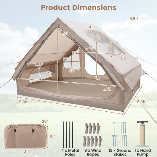 4-6 People Inflatable Camping Tent with Porch and Carrying Bag-Beige