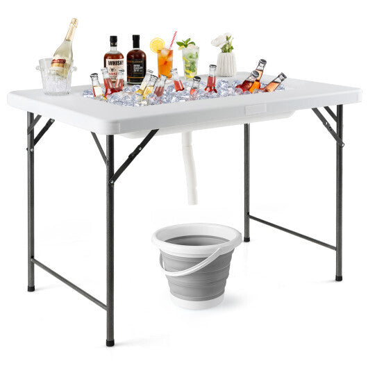 4 Feet Folding Ice Bin Table with Skirt for Camping Picnic Wedding with Ice Bucket-White
