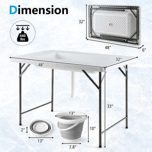 4 Feet Folding Ice Bin Table with Skirt for Camping Picnic Wedding with Ice Bucket-White