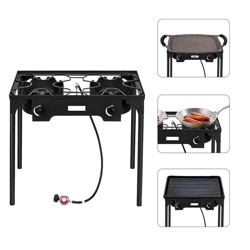 US Portable Camping Stove High Pressure Propane Gas Stove Cast Iron Outdoor Camping Hiking Backpacking Cooking Double Burner black