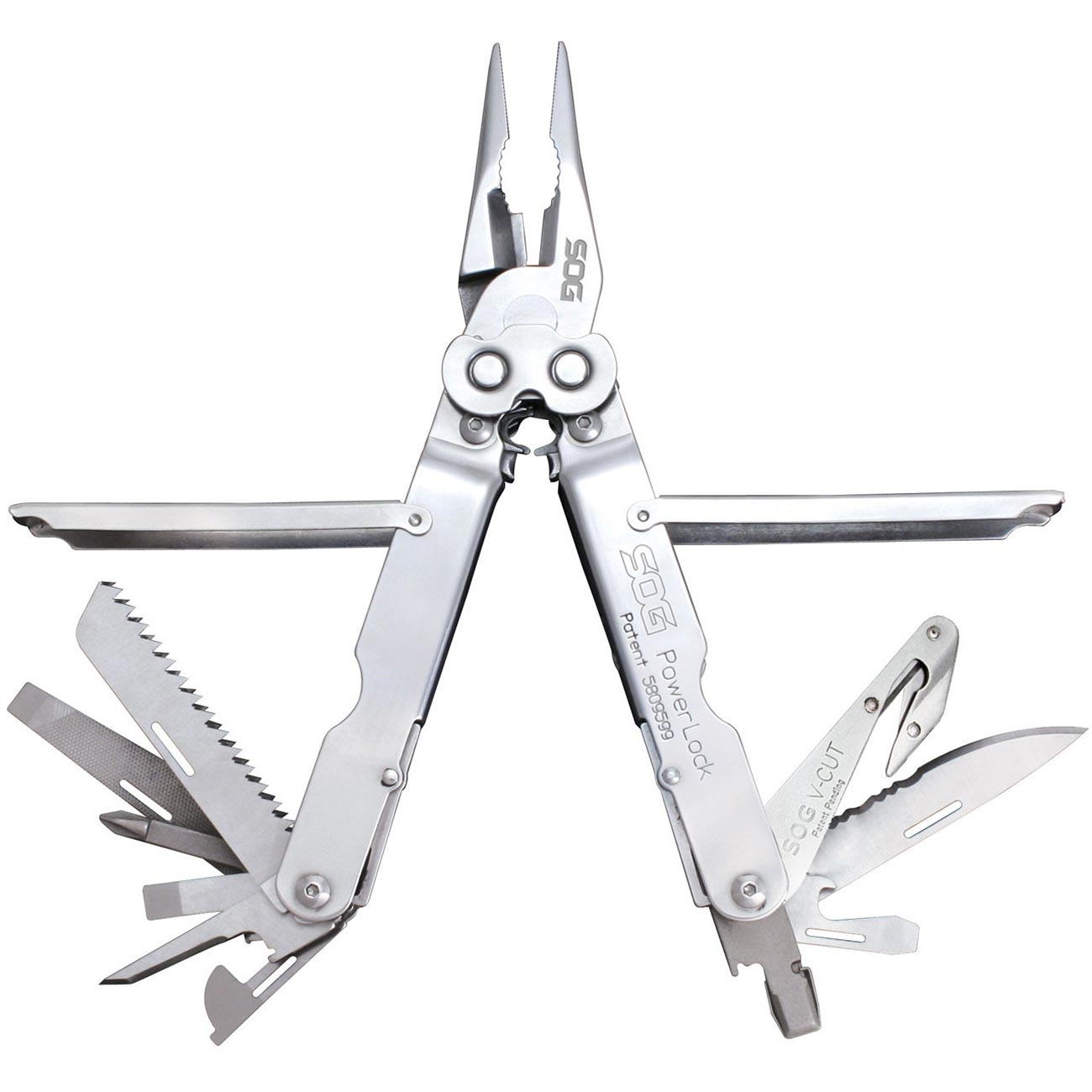 SOG PowerLock w/ V-Cutter Stainless Finish 18 Tool Multi-Tool with Nylon Sheath