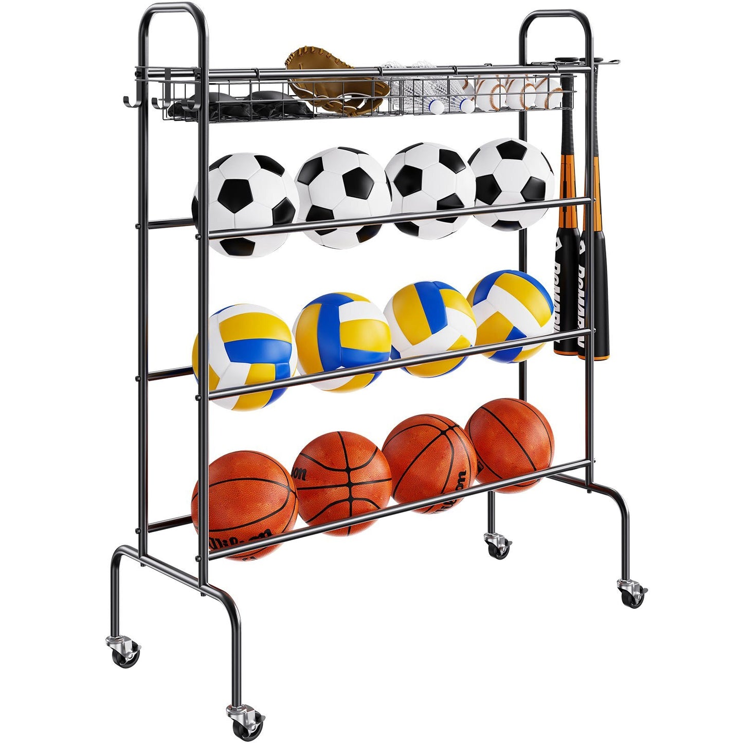 VEVOR Basketball Rack, 4-Layers Rolling Basketball Shooting Training Stand, Sports Equipment Storage Organizer with Wheels, Hooks and Baskets, Garage Ball Storage Holder for Football Soccer Volleyball