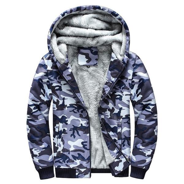 Size: XL, Color: Camouflage blue - Camouflage sweater men's youth Korean casual plus velvet thick warm jacket hooded cardigan