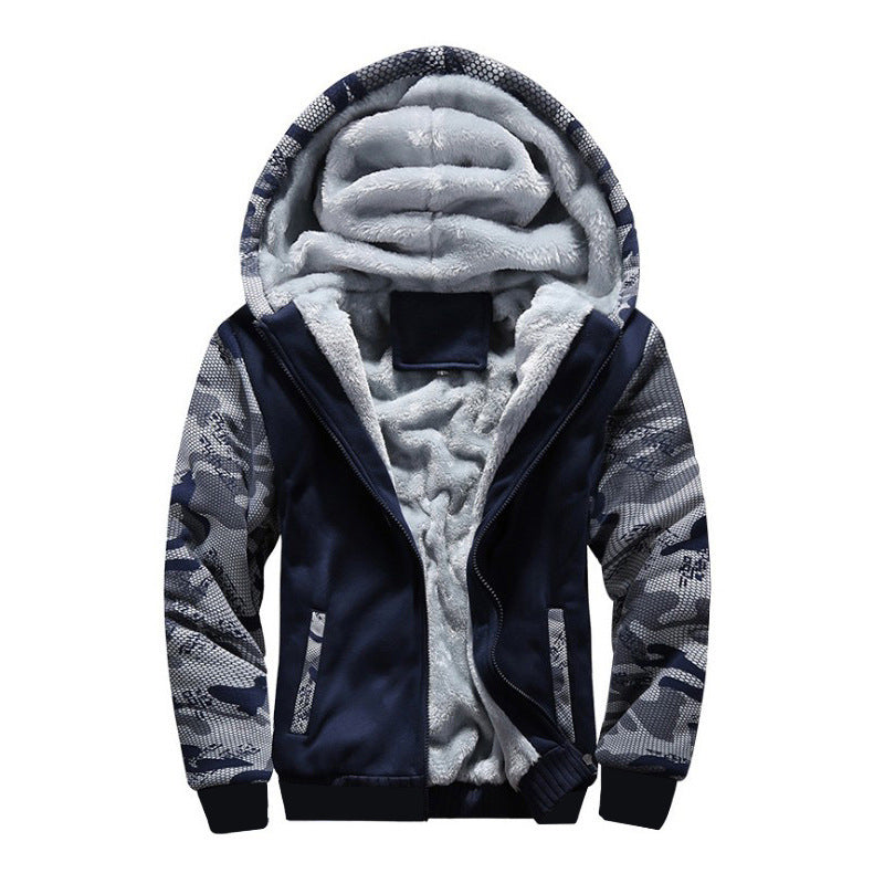 Size: 3XL, Color: Navy Blue - Camouflage sweater men's youth Korean casual plus velvet thick warm jacket hooded cardigan