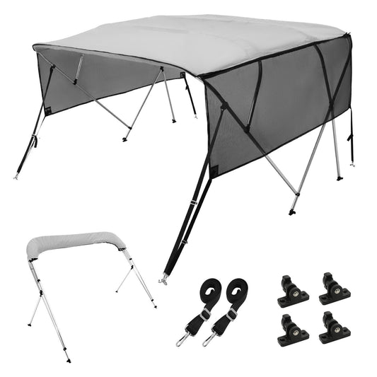 VEVOR 4 Bow Bimini Top Boat Cover, Detachable Mesh Sidewalls, 600D Polyester Canopy with 1" Aluminum Alloy Frame, Includes Storage Boot, 2 Straps, 2 Support Poles, 8'L x 54"H x 79"-84"W, Light Grey