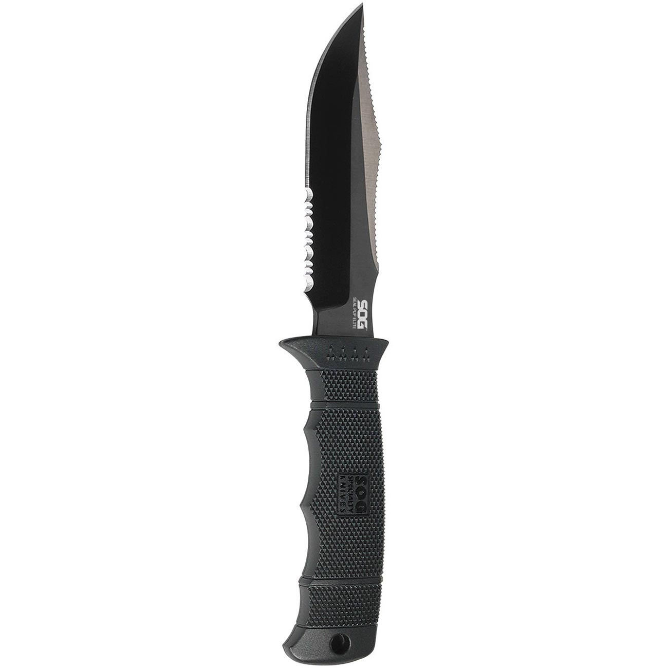 SOG SEAL Pup Elite - Fixed Serrated Blade - Kydex Sheath - Black TiNi Partially Serrated Knife