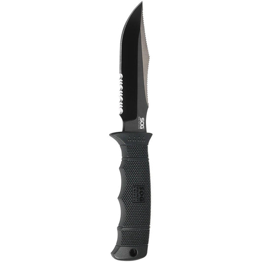 SOG SEAL Pup Elite - Fixed Serrated Blade - Kydex Sheath - Black TiNi Partially Serrated Knife