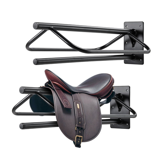 VEVOR Saddle Rack with Pad Bar, 23.8 x 12.6 x 10.2 in, 2 Packs Wall Mounted Saddle Stand, Heavy-Duty Steel Saddle Holder, Western & English Saddle Rack for Horse Stall, Barn, Trailer, Tack Room