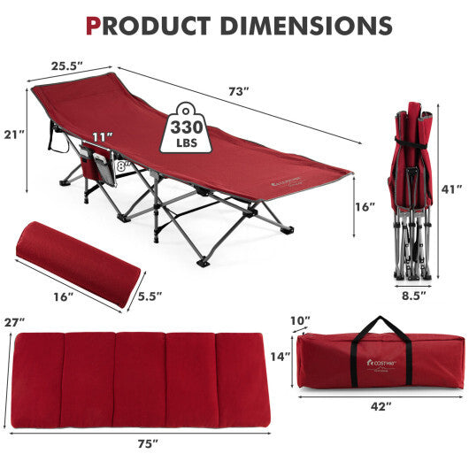 Folding Retractable Travel Camping Cot with Mattress and Carry Bag-Red - Color: Red