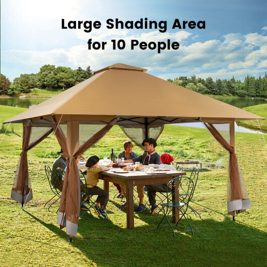 13 x 13 Feet Pop-up Instant Canopy Tent with Mesh Sidewall-Coffee - Color: Coffee
