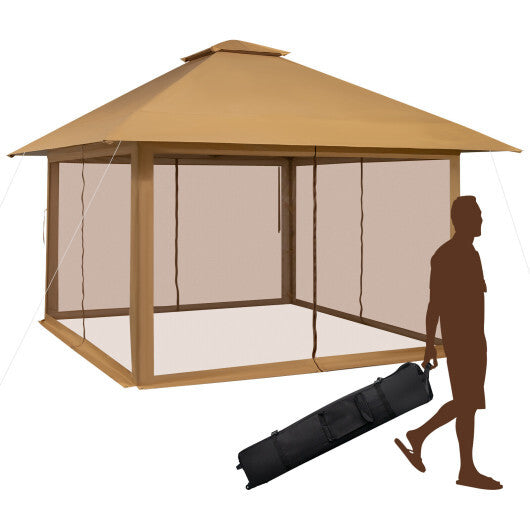 13 x 13 Feet Pop-up Instant Canopy Tent with Mesh Sidewall-Coffee - Color: Coffee