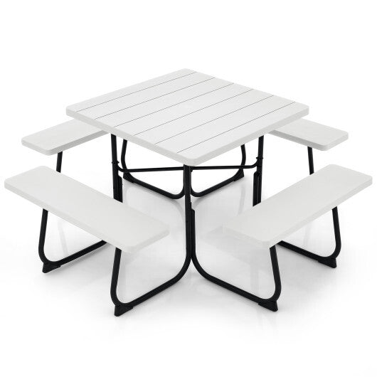 Outdoor Picnic Table with 4 Benches and Umbrella Hole-White - Color: White