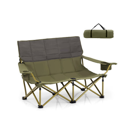 Oversized Camping Chair Folding Loveseat Camping Couch with Cup Holders & Thick Padding-Green - Color: Green