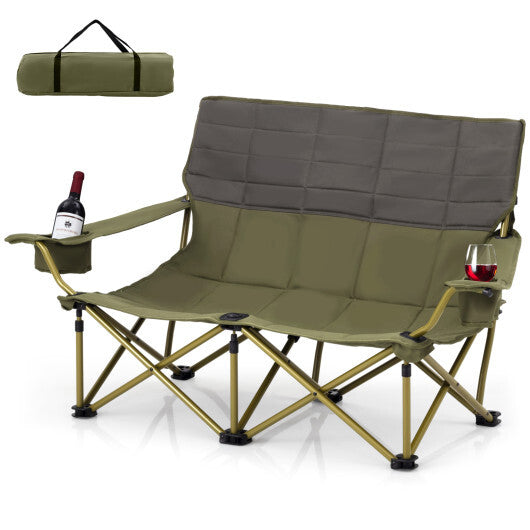 Oversized Camping Chair Folding Loveseat Camping Couch with Cup Holders & Thick Padding-Green - Color: Green