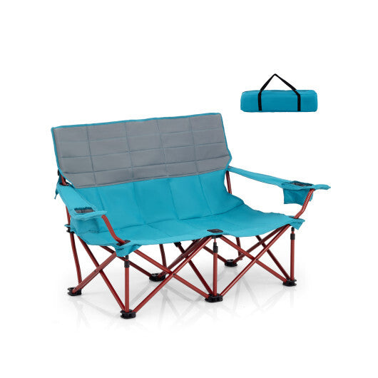 Oversized Camping Chair Folding Loveseat Camping Couch with Cup Holders & Thick Padding-Blue - Color: Blue