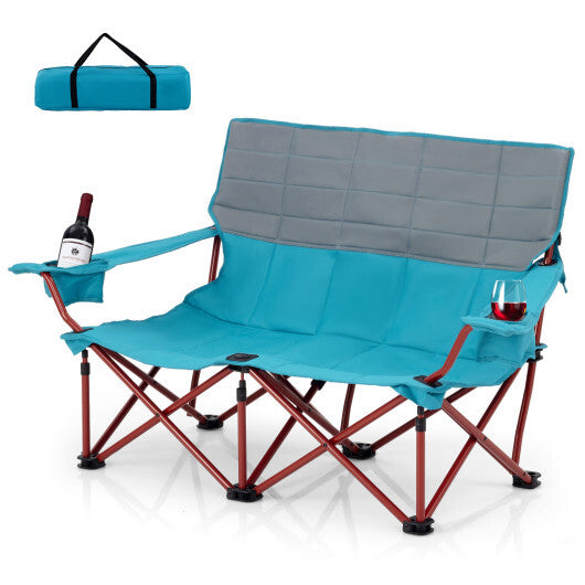 Oversized Camping Chair Folding Loveseat Camping Couch with Cup Holders & Thick Padding-Blue - Color: Blue