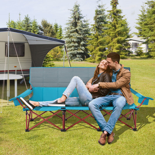 3 Person Folding Camping Chair with 2 Cup Holders Cotton Padding & Storage Bag-Blue - Color: Blue