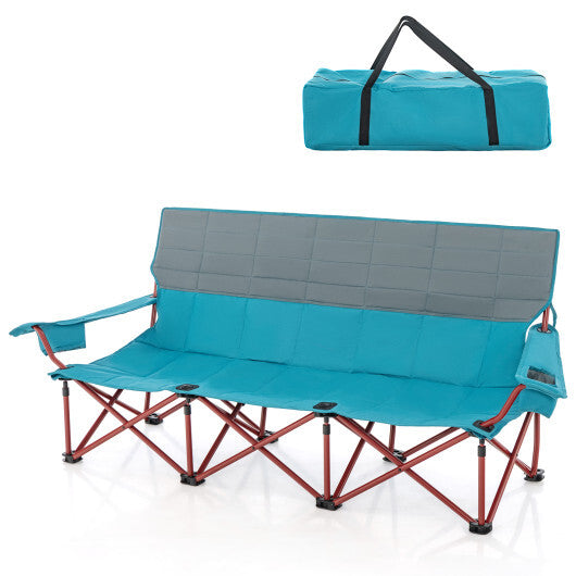 3 Person Folding Camping Chair with 2 Cup Holders Cotton Padding & Storage Bag-Blue - Color: Blue