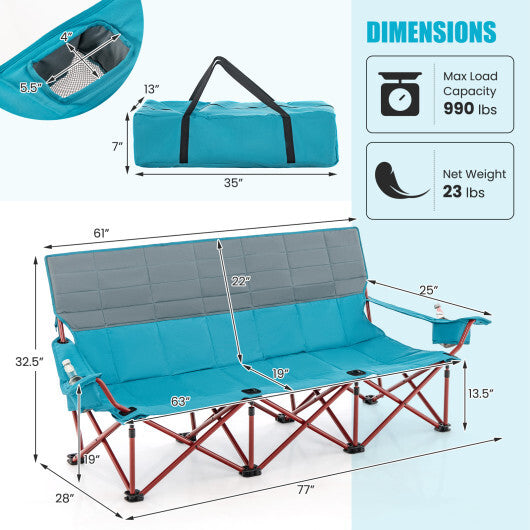 3 Person Folding Camping Chair with 2 Cup Holders Cotton Padding & Storage Bag-Blue - Color: Blue