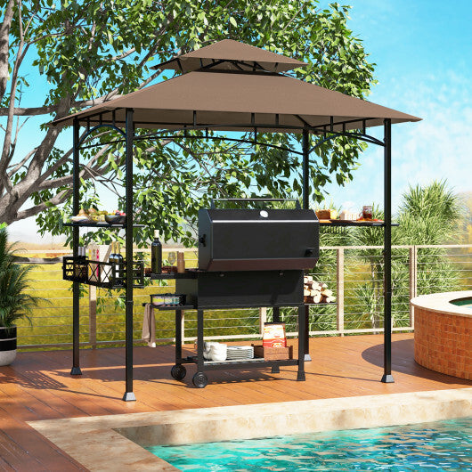 8 x 5 Feet Outdoor Grill Gazebo with 2 Side Shelves and 10 Hooks-Brown - Color: Brown