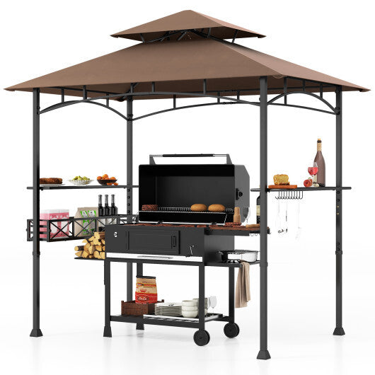 8 x 5 Feet Outdoor Grill Gazebo with 2 Side Shelves and 10 Hooks-Brown - Color: Brown
