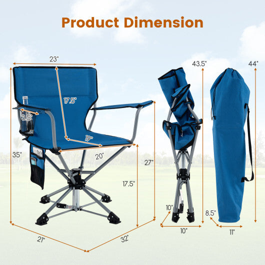 360? Swivel Hunting Chair Portable Foldable Hunting Chair with Mesh Cup Holder and Storage Pockets-Blue