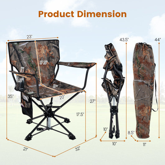 360? Swivel Hunting Chair Portable Foldable Hunting Chair with Mesh Cup Holder and Storage Pockets-Blue