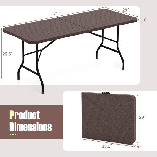 6 Feet Folding Table with Wood Grain HDPE Tabletop and Safe Lock Mechanism-Brown - Color: Brown - Size: 6 ft