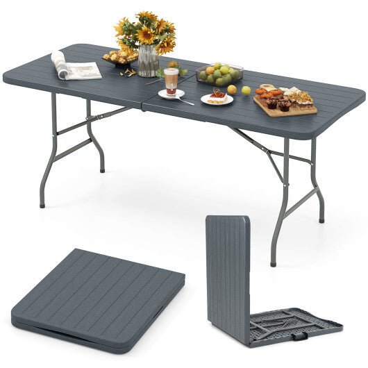 6 Feet Folding Table with Wood Grain HDPE Tabletop and Safe Lock Mechanism-Gray - Color: Gray - Size: 6 ft