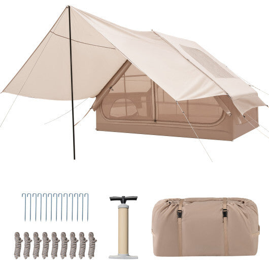 4-6 People Inflatable Camping Tent with Porch and Carrying Bag-Beige