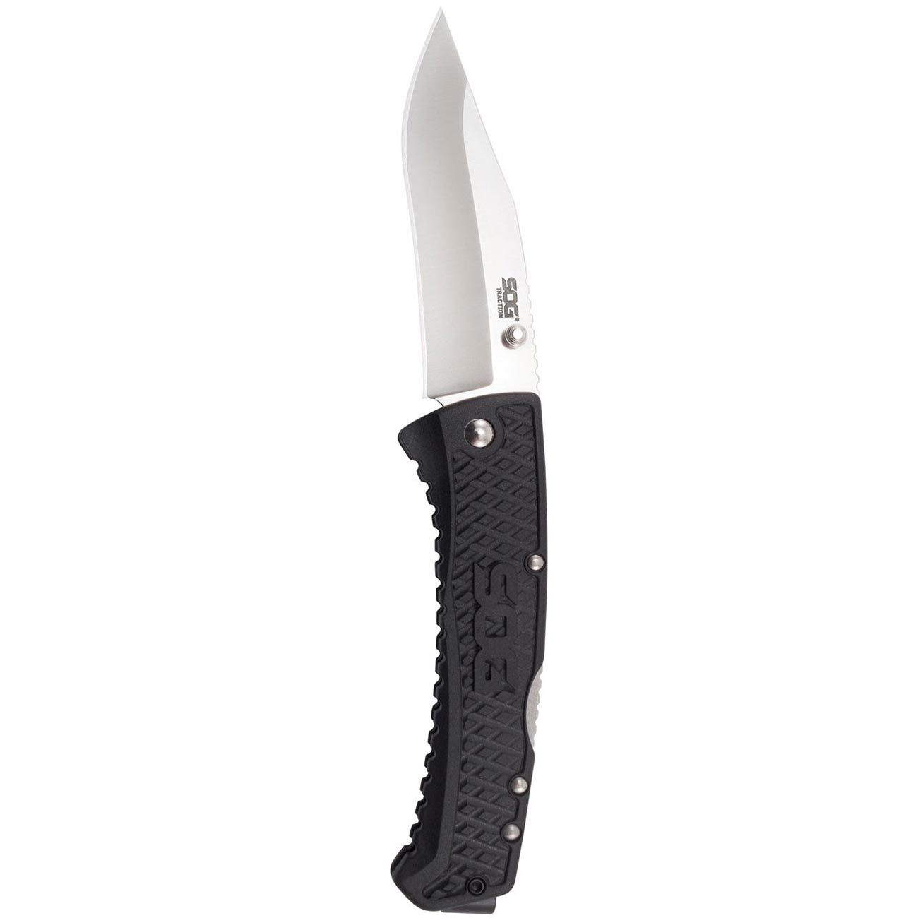 SOG Traction Folding Knife 3.5" Clip Point Plain Blade Black GRN Handles