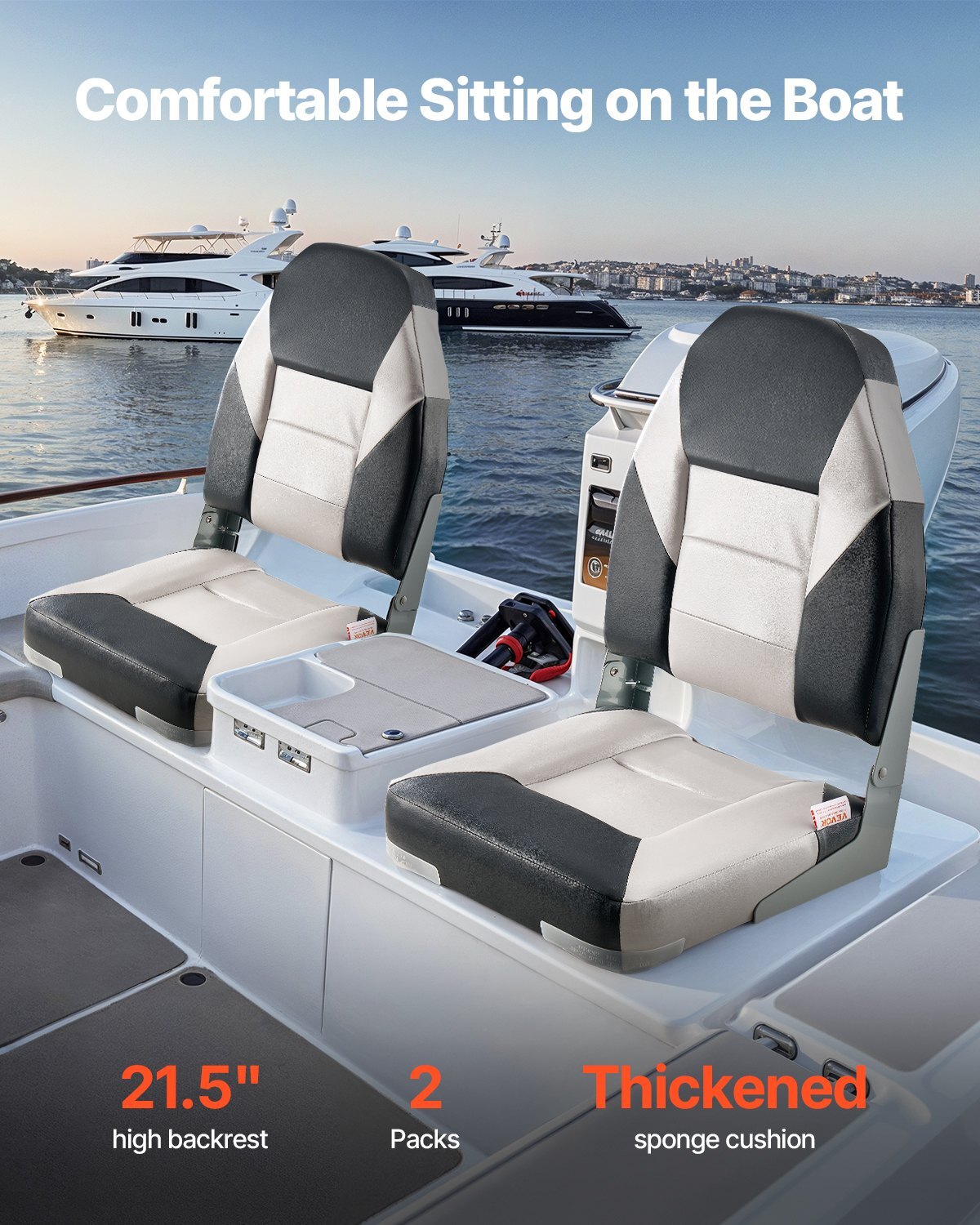 VEVOR Boat Seat, High Backrest, Folding Fishing Boat Seat with Thickened Sponge Cushion & Waterproof PVC Leather, Aluminum Alloy Hinges, Flip Up Boat Seat for Boats, Yachts, Ships, Black & Grey