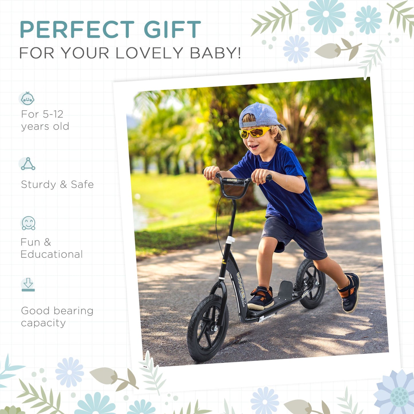 HOMCOM Kick Scooter for Kids 5-12 Years Old with Adjustable Height Handlebar, Non-slip Footplate, Big Wheels, Rear Brake, Black