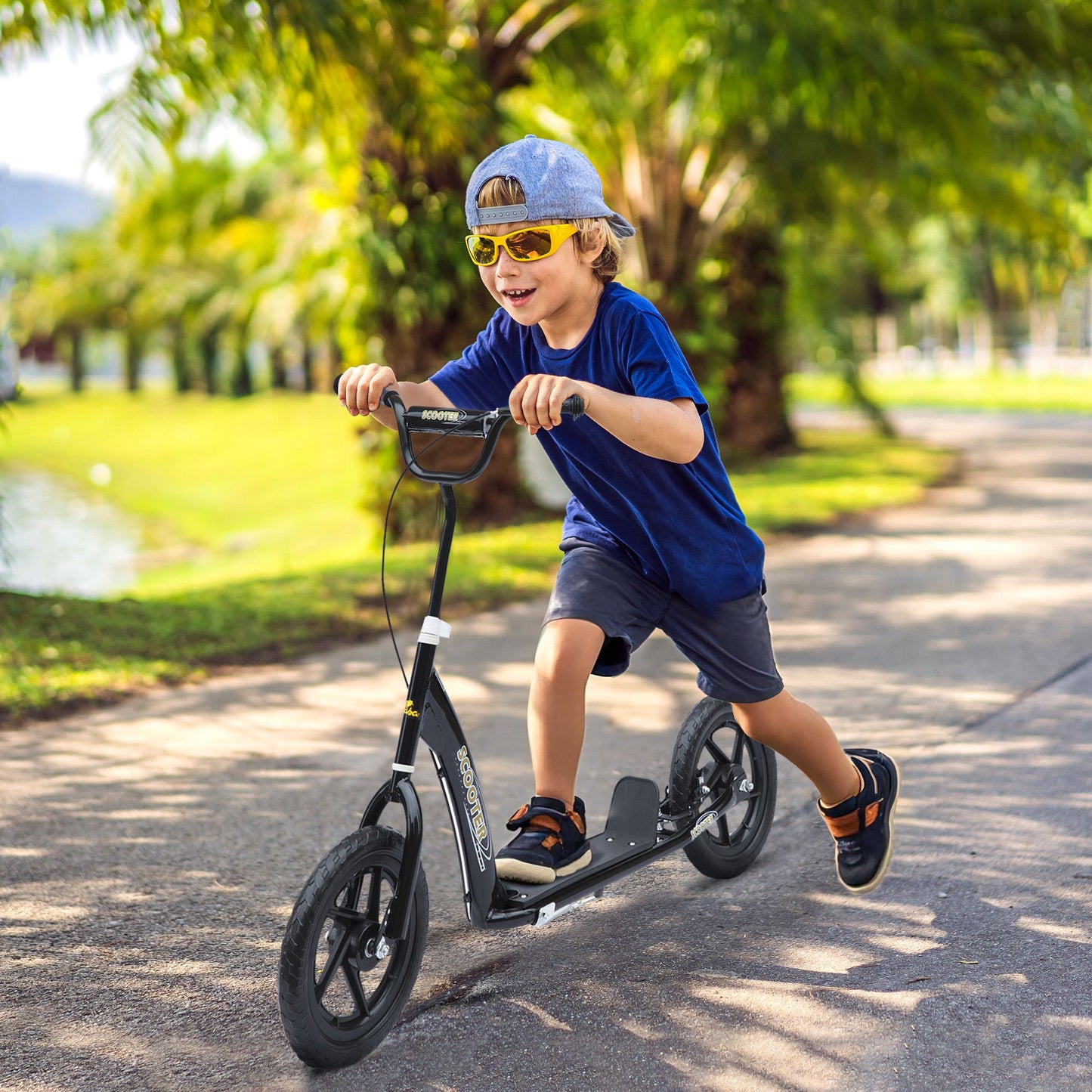 HOMCOM Kick Scooter for Kids 5-12 Years Old with Adjustable Height Handlebar, Non-slip Footplate, Big Wheels, Rear Brake, Black